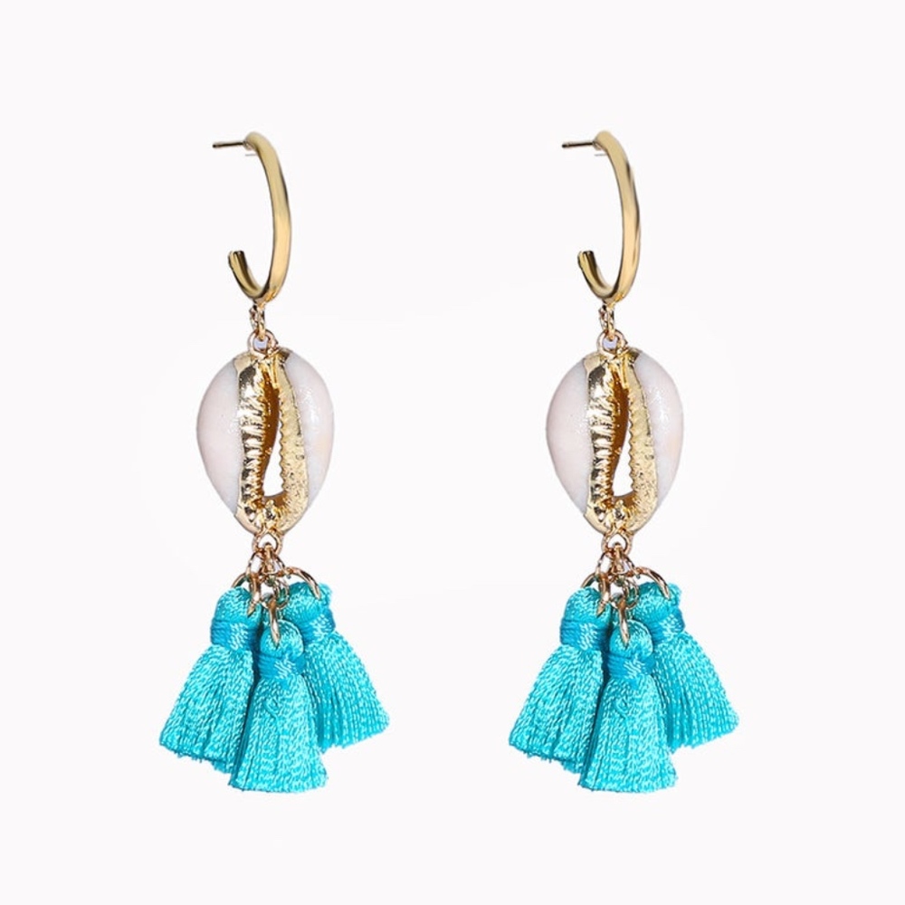 Gold tone seashell dangle tassel earring blue NEW